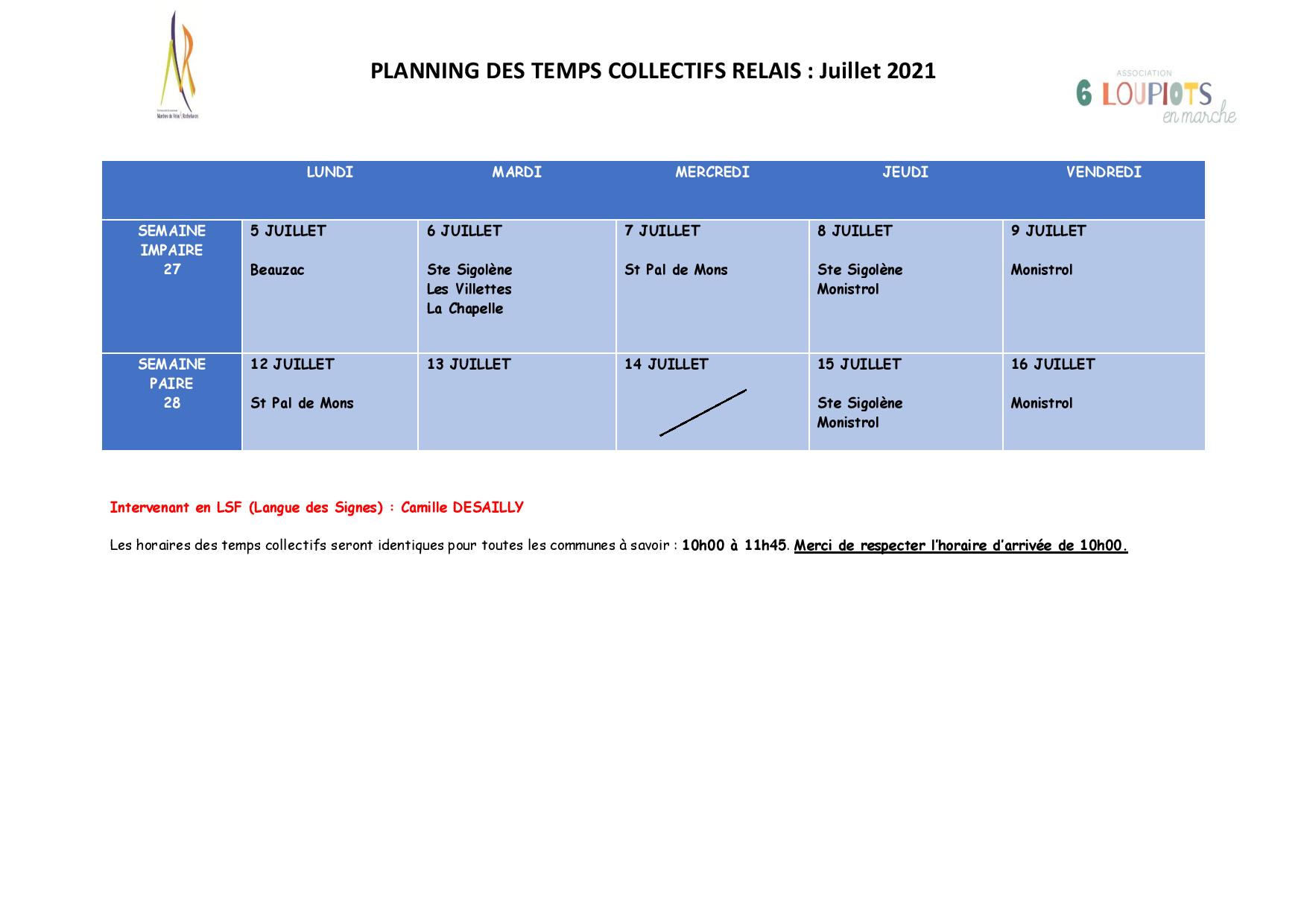 Planning juillet Association 6 Loupiots en Marche